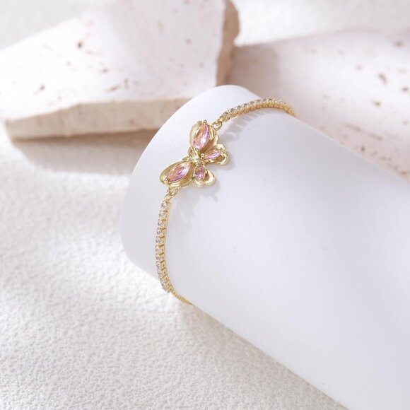 Women's Pink Butterfly Dainty Trendy Adjustable Tennis Slide Bracelets Jewelry - Picture 4 of 6